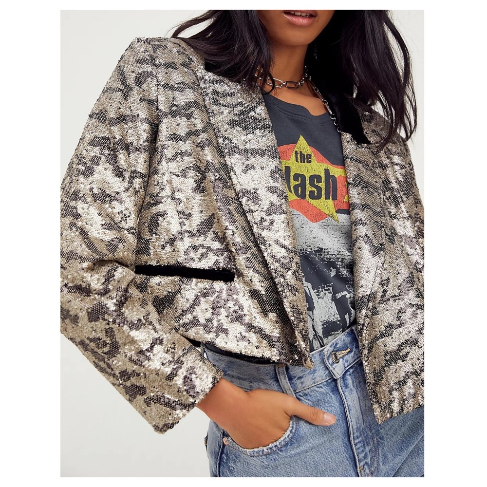Free People Ari Sequin Cropped Blazer jacket Size XS boho festive